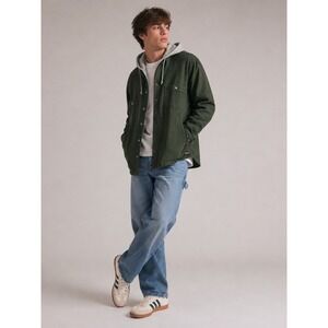Duluth Trading Fire Hose Hooded Shirt Jacket Mens L Green Canvas Plaid Workwear